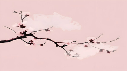 A minimalist anime-style background with a soft pink sky and a single sakura branch in the middle, delicate shadows creating a gentle and peaceful atmosphere