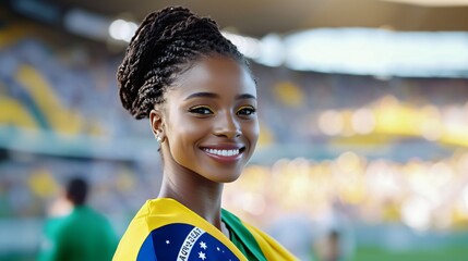 Happy young girl football fan celebrating her team victory. Latino woman with Brazil flag laughing and smiling. Celebration of Independence Day, Labor Day, Proclamation of the Republic