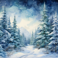 Watercolor Winter Forest with Snowfall &ndash; Scenic Snowy Woodland Landscape Illustration