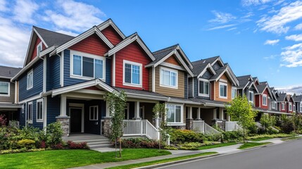 A row of colorful suburban houses with well-maintained gardens and a clear blue sky.