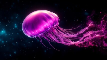 Fototapeta premium A vibrant, bioluminescent jellyfish glows in the darkness of the ocean.