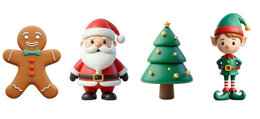 Set of Christmas Figures in 3d style  : Cute holiday characters including a gingerbread man, Santa Claus, a Christmas tree, and an elf, depicting festive cheer and celebration