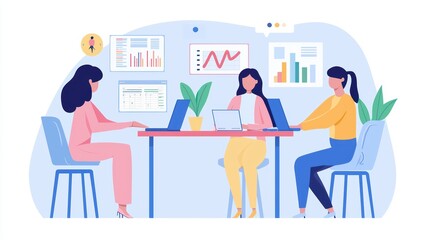 Group of women collaborating in an office environment with laptops and charts.