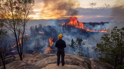 Firefighter observing burning forest during wildfire emergency at sunset