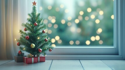 Christmas Tree in Front of a Window with Bokeh. Very shallow depth