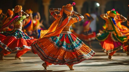 Group of Indian folk dancers performing in vibrant traditional costumes, captured in mid-motion...