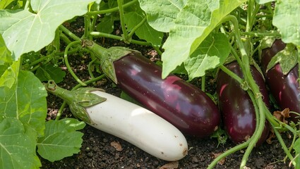 Vibrant purple and white eggplants nestled in a lush garden setting