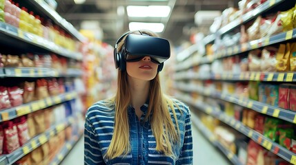 A woman in a VR headset in a retail aisle merging virtual reality with shopping