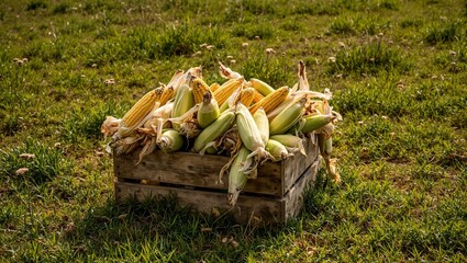Fresh corn cobs in wooden crate on grassy field sunlight illuminating yellow kernels