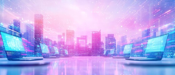 Obraz premium Futuristic Office Scene with Virtual Workstations