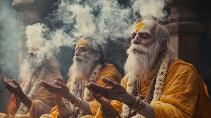 Group of Indian holy men performing a ritual at a temple, with incense smoke and sacred chants filling the air