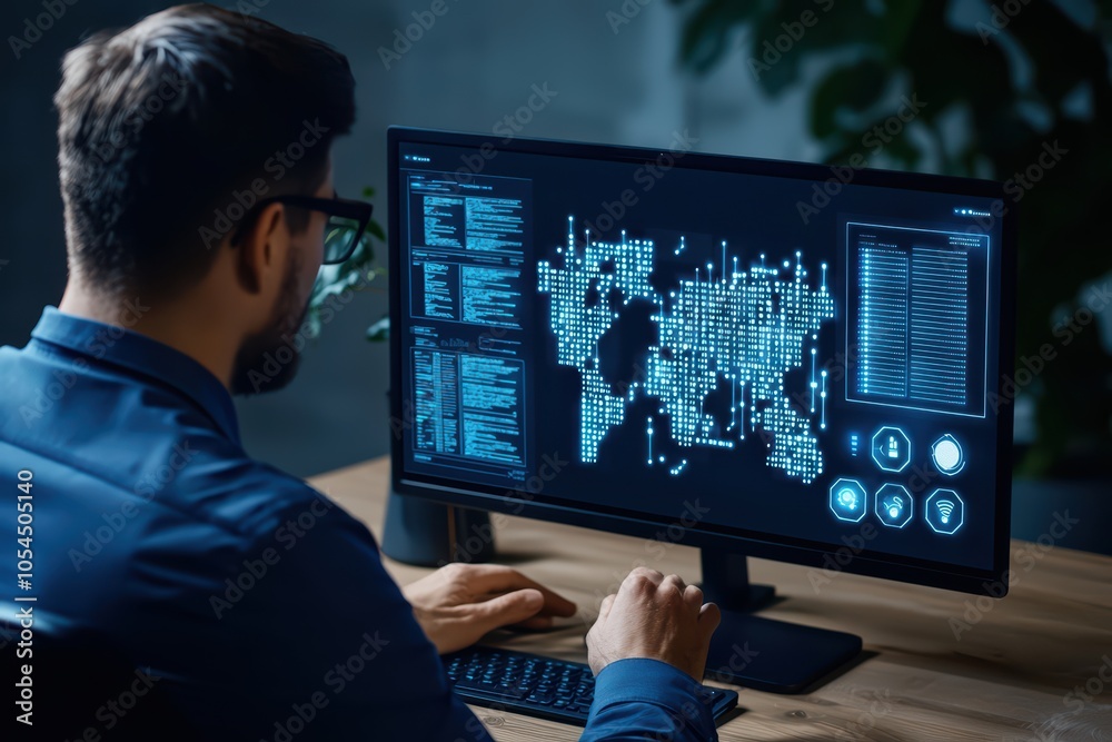 Poster person using a computer to analyze data on a world map with digital interface.