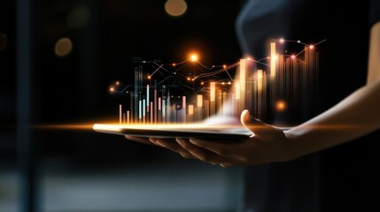A person holding a tablet displaying dynamic data visualizations and graphs.