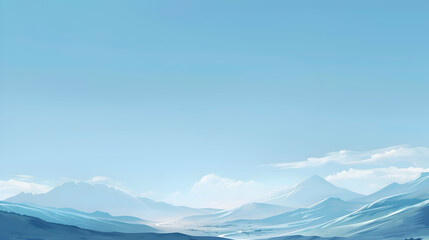 Fototapeta premium A pale blue canvas featuring simple, flowing white outlines of gentle waves and distant mountains, forming a tranquil and minimalist anime-style landscape