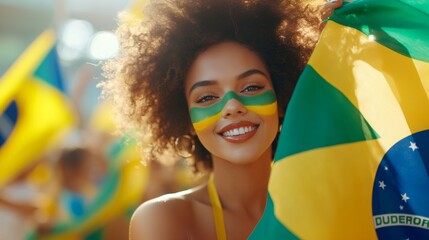 Happy young girl football fan celebrating her team victory. Latino woman with Brazil flag laughing and smiling. Celebration of Independence Day, Labor Day, Proclamation of the Republic