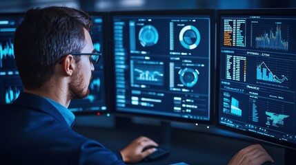 Professional analyzing data on multiple screens in a modern office environment.