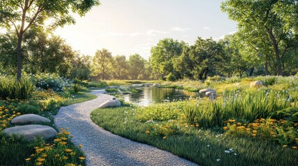 Obraz premium A winding path leads through a lush green meadow with a pond, trees, and wildflowers in the sunlight.