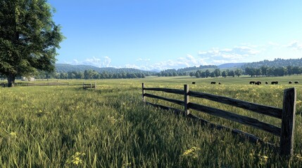 Obraz premium A wooden fence leads into a grassy field with a line of cows grazing in the distance, with a large tree to the left and rolling hills in the background.