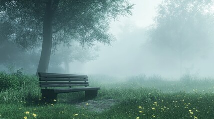 A lone bench sits in a misty forest clearing, surrounded by lush greenery.