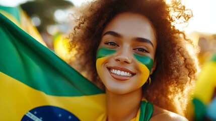 Happy young girl football fan celebrating her team victory. Latino woman with Brazil flag laughing and smiling. Celebration of Independence Day, Labor Day, Proclamation of the Republic