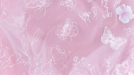 Fototapeta premium A pastel pink background featuring soft white outlines of flowers and butterflies, with the line art arranged in a minimal yet graceful pattern