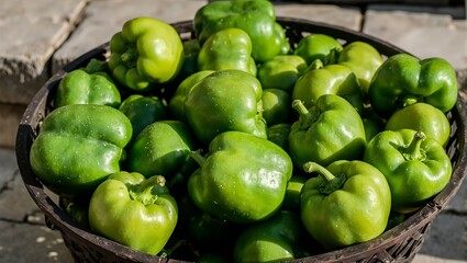 Freshly picked green bell peppers in a basket on a stone bench