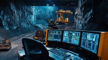 A modern mining control room overseeing automated machinery in a cavernous underground setting.