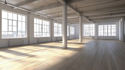Empty loft apartment, industrial style, 3d render