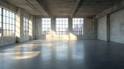 Empty loft apartment, industrial style, 3d render