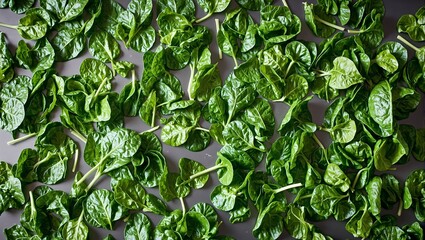 Obraz premium Fresh spinach leaves on conveyor belt with metallic background
