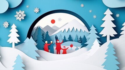 Fototapeta premium Winter scene with families celebrating in a snowy landscape, colorful trees, and cheerful decorations.
