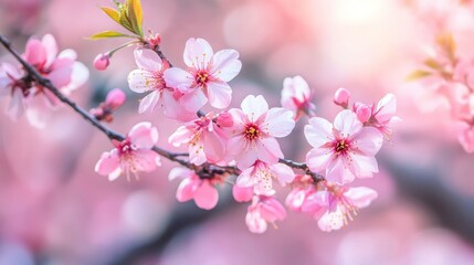Obraz premium Delicate pink cherry blossoms on a branch, symbolizing beauty and renewal in nature.
