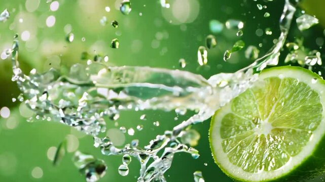 Lime Splash: A vibrant, refreshing image of a lime sliced in half, with water splashing outwards in a burst of energy and zest. The background is a soft green blur with bokeh effects.