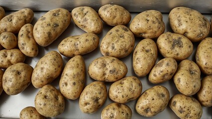 Fresh russet potatoes on conveyor belt earthy skins against steel