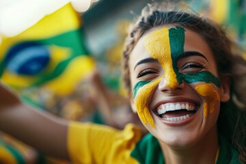 Happy young girl football fan celebrating her team victory. Latino woman with Brazil flag laughing and smiling. Celebration of Independence Day, Labor Day, Proclamation of the Republic