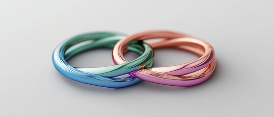 Fototapeta premium Colorful intertwined rings on a white background, symbolizing unity and connection, perfect for romantic and wedding themes.
