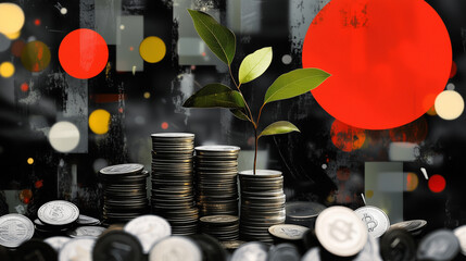 A creative collage with shiny coins cascading down the image, a leafy plant growing upwards, and geometric shapes representing strategic financial planning and wealth accumulation.