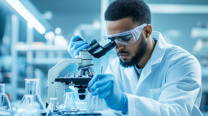 In a highly controlled, clean laboratory, a scientist in a cleanroom suit adjusts the focus of a microscope while examining a microchip semiconductor, capturing the delicate balanc