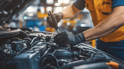 A mechanic using a wrench to repair an engine in an automotive workshop.