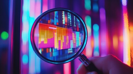 A hand holds a magnifying glass over colorful data visualizations and digital patterns.