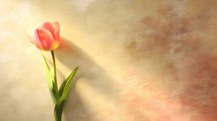 A serene, soft cream background with a lone pink tulip at its center, enhanced by subtle shadows, creating a minimalist scene with abundant negative space