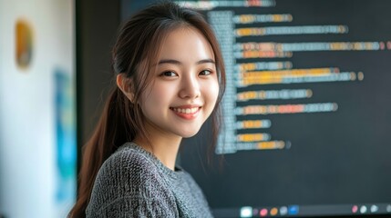 A young woman smiles while sitting in front of a screen displaying code.