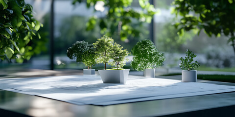 A sprawling architectural blueprint rests on a table surrounded by small potted trees and leaves, visually illustrating the idea of green construction and sustainable building meth