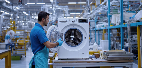 Factory worker assembling washing machine in production line