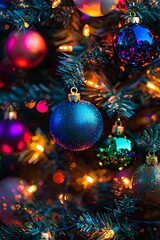 Brightly lit Christmas tree with colorful ornaments, creating a cheerful holiday atmosphere.