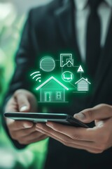 Businessman engaging with energy efficiency icons on a virtual screen for home audits
