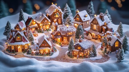 Christmas village scene with charming cottages and vibrant colors