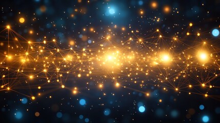 Obraz premium Abstract glowing network with blue and gold lights on a dark background.