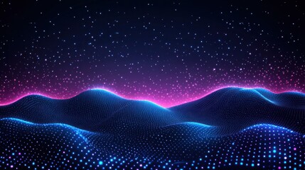 Abstract glowing neon waves against a dark background with scattered light particles.
