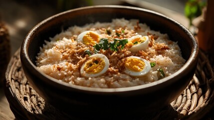 A bowl of rice porridge topped with boiled eggs, crispy onions, and herbs.
